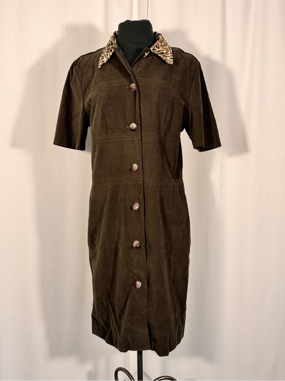 Vintage Olive Brown Microsuede Leopard Collar Midi Dress